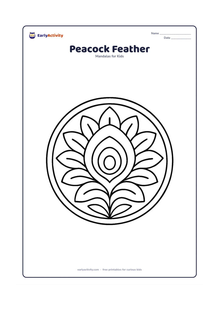 Colouring page: A circular mandala centred on one large peacock feather eye, with repeated broad feather shapes, leaves and curved bands radiating around it. Do not draw a peacock or any writing.