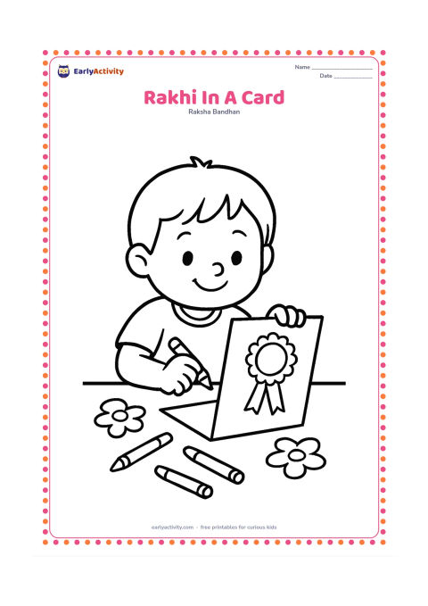 Colouring page: A child decorates an open blank greeting card with a large rakhi attached to the front. Show crayons and a few paper flower shapes on a table, but leave the card completely empty.