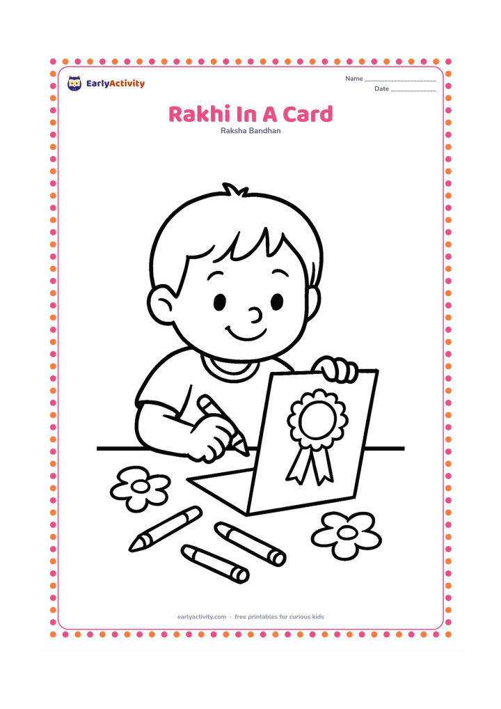 Colouring page: A child decorates an open blank greeting card with a large rakhi attached to the front. Show crayons and a few paper flower shapes on a table, but leave the card completely empty.