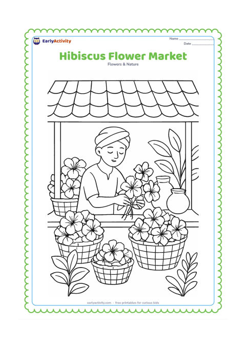 Colouring page: Draw a peaceful Indian flower stall with baskets of hibiscus, a vendor arranging stems, a tiled awning, clay pots, and a few leafy plants. Do not include signs, writing, or recognizable…