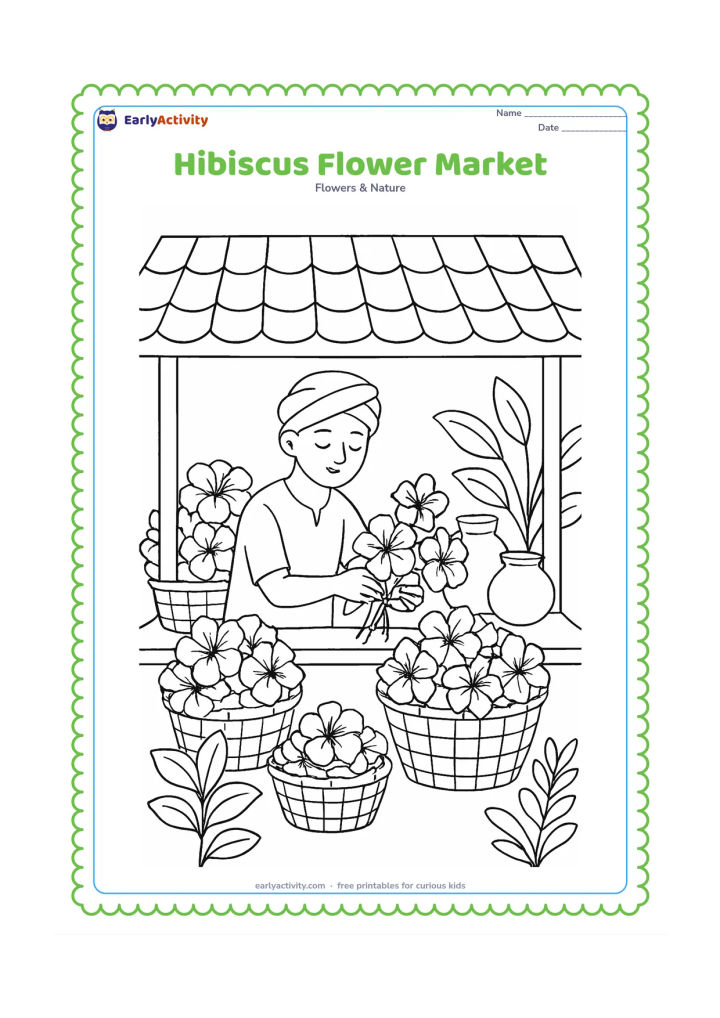 Colouring page: Draw a peaceful Indian flower stall with baskets of hibiscus, a vendor arranging stems, a tiled awning, clay pots, and a few leafy plants. Do not include signs, writing, or recognizable…