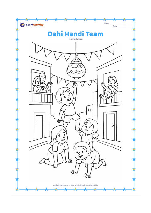 Colouring page: Draw a group of children forming a safe human pyramid beneath a decorated hanging matki while one child reaches toward it. Set the scene in a neighbourhood lane with balconies, bunting,…