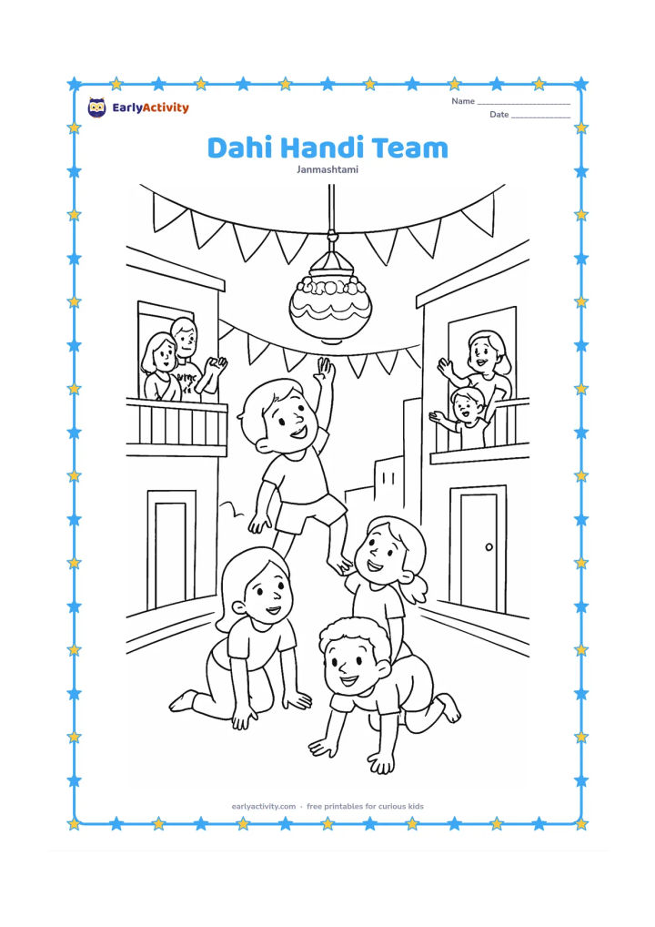 Colouring page: Draw a group of children forming a safe human pyramid beneath a decorated hanging matki while one child reaches toward it. Set the scene in a neighbourhood lane with balconies, bunting,…
