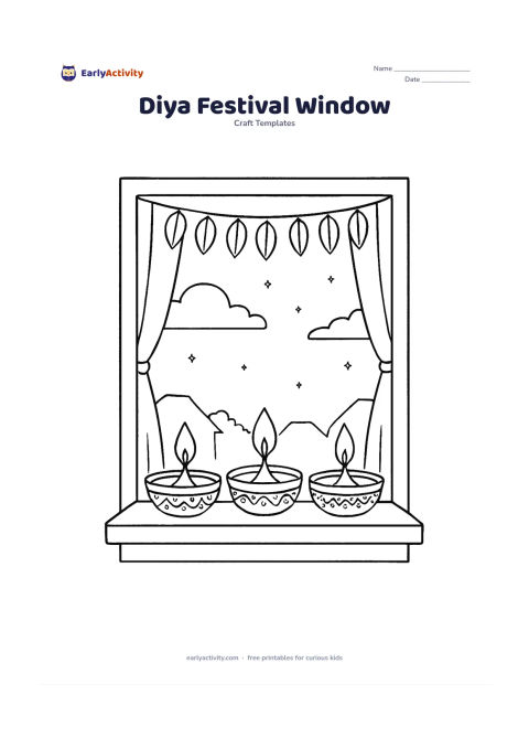 Worksheet: Three decorated diyas sit along an Indian home windowsill, with curtains, hanging leaves, a darkening sky, and distant rooftops outside.