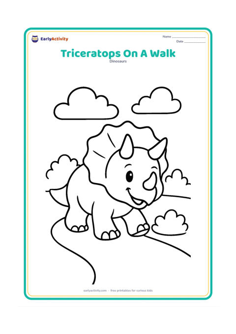 Colouring page: A cheerful triceratops walking toward the viewer along a simple curved path, with two bushes and soft clouds in the background. Show its three horns clearly.