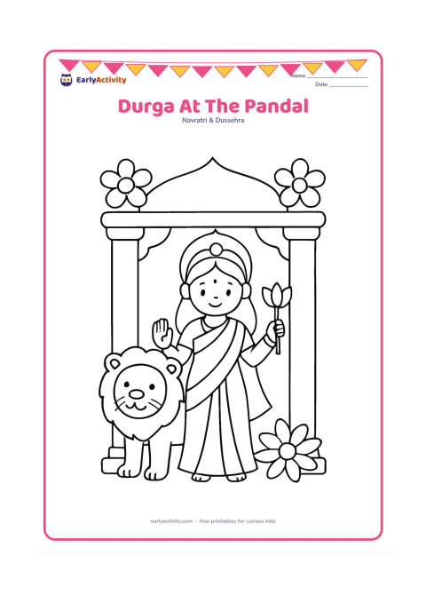 Colouring page: A full Durga idol stands in a decorated pandal with her lion at one side, a lotus in one hand, and two simple pillars framing the scene. Add a plain canopy and a few large flowers.