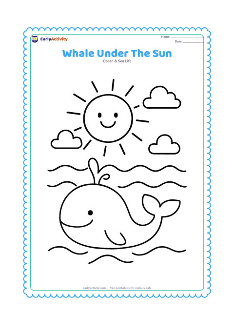 Colouring page: Draw a whale swimming below a large smiling sun, with broad ocean waves between the sky and water. Add a few simple cloud shapes and a clear air spout.