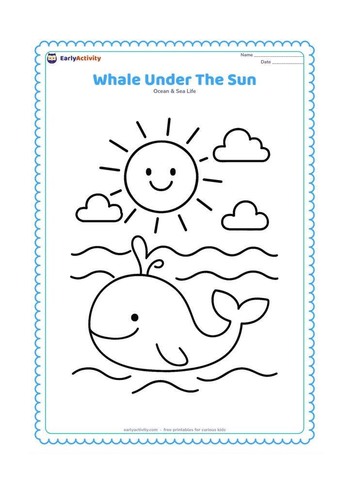 Colouring page: Draw a whale swimming below a large smiling sun, with broad ocean waves between the sky and water. Add a few simple cloud shapes and a clear air spout.