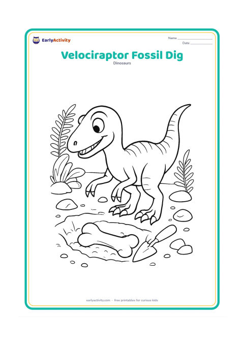 Colouring page: Draw a friendly Velociraptor exploring a fossil site beside a partly uncovered fossil bone. Include a small hand trowel, a shallow digging area, rocks and fern leaves, with no labels or…