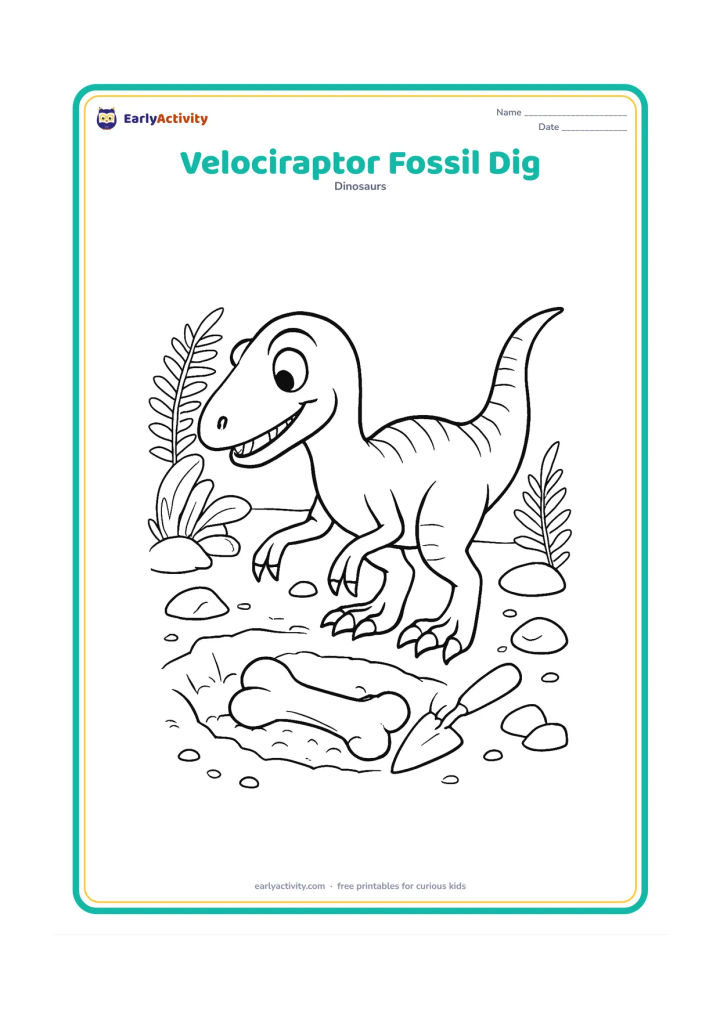 Colouring page: Draw a friendly Velociraptor exploring a fossil site beside a partly uncovered fossil bone. Include a small hand trowel, a shallow digging area, rocks and fern leaves, with no labels or…
