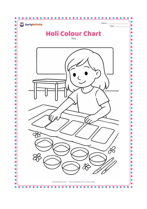 Colouring page: A child arranges six large unlabeled colour swatches made from gulal on a cloth, with matching bowls beneath them. Add paintbrushes, flower petals, and a classroom table in the background.