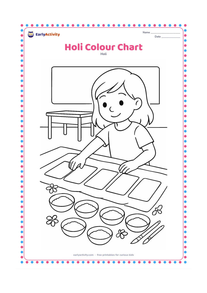 Colouring page: A child arranges six large unlabeled colour swatches made from gulal on a cloth, with matching bowls beneath them. Add paintbrushes, flower petals, and a classroom table in the background.