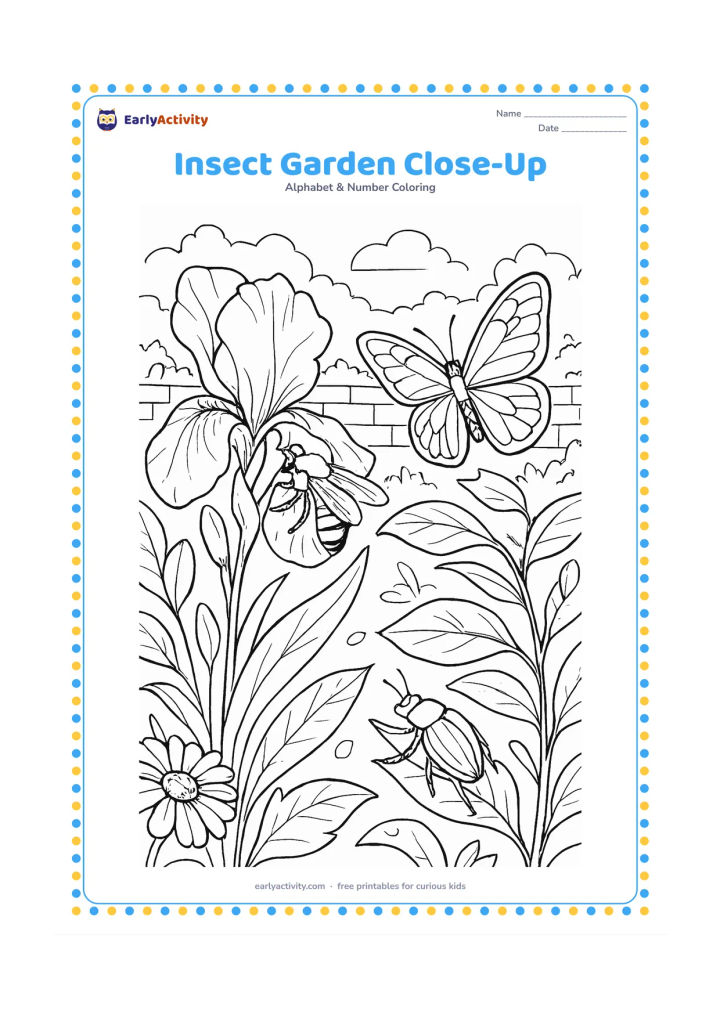Colouring page: Draw a detailed garden scene showing a honeybee on an iris, a butterfly on a leaf, and a beetle on a stem. Include layered leaves, flower centres, dew drops, and a garden wall in the…