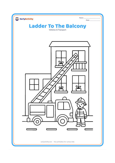 Colouring page: Draw a ladder fire truck beside a two-storey building, with its ladder reaching an open balcony and a firefighter standing safely at the base. Add windows, potted plants and a clear road.