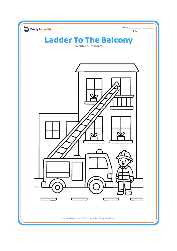 Colouring page: Draw a ladder fire truck beside a two-storey building, with its ladder reaching an open balcony and a firefighter standing safely at the base. Add windows, potted plants and a clear road.