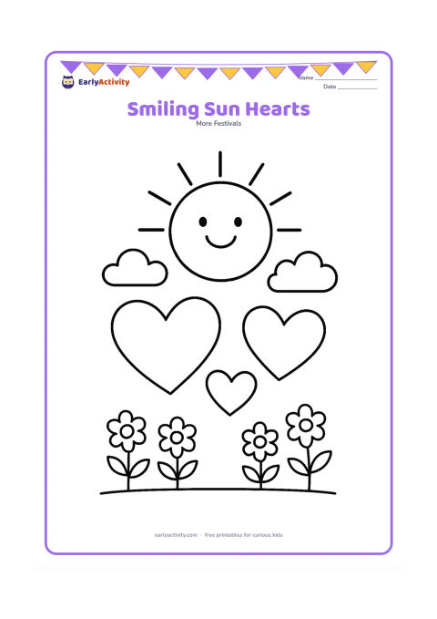 Colouring page: A friendly sun shines over three large floating hearts and two simple clouds, with a small row of flowers along the bottom.