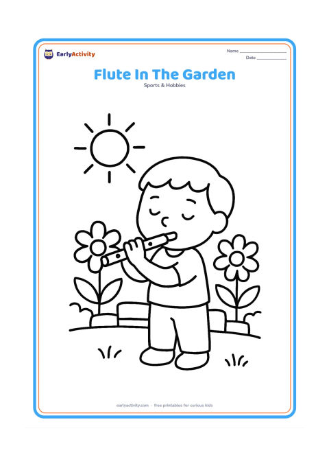 Colouring page: A child holding a simple transverse flute horizontally and blowing into it in a sunny garden. Include large flowers, two leaves and a low garden wall.