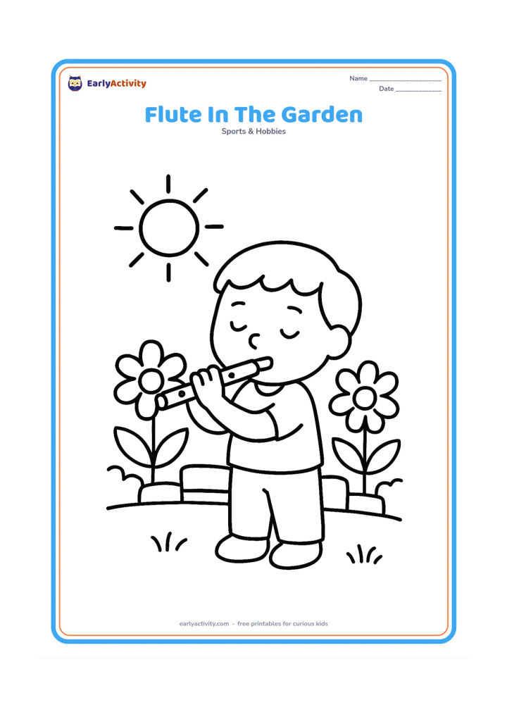 Colouring page: A child holding a simple transverse flute horizontally and blowing into it in a sunny garden. Include large flowers, two leaves and a low garden wall.