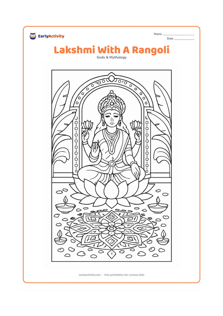 Colouring page: Draw Goddess Lakshmi seated on a lotus above a large circular rangoli at a home entrance, with symmetrical diyas, flower petals, banana leaves, and an ornate doorway around her. Add…