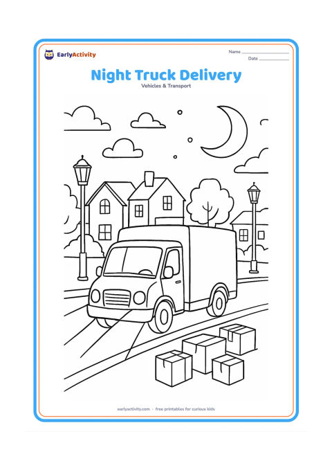 Colouring page: A delivery truck travels through a quiet town at dusk with headlights on, a crescent moon, streetlamps, houses, trees and a few parcels being unloaded. Show the light beams as open…