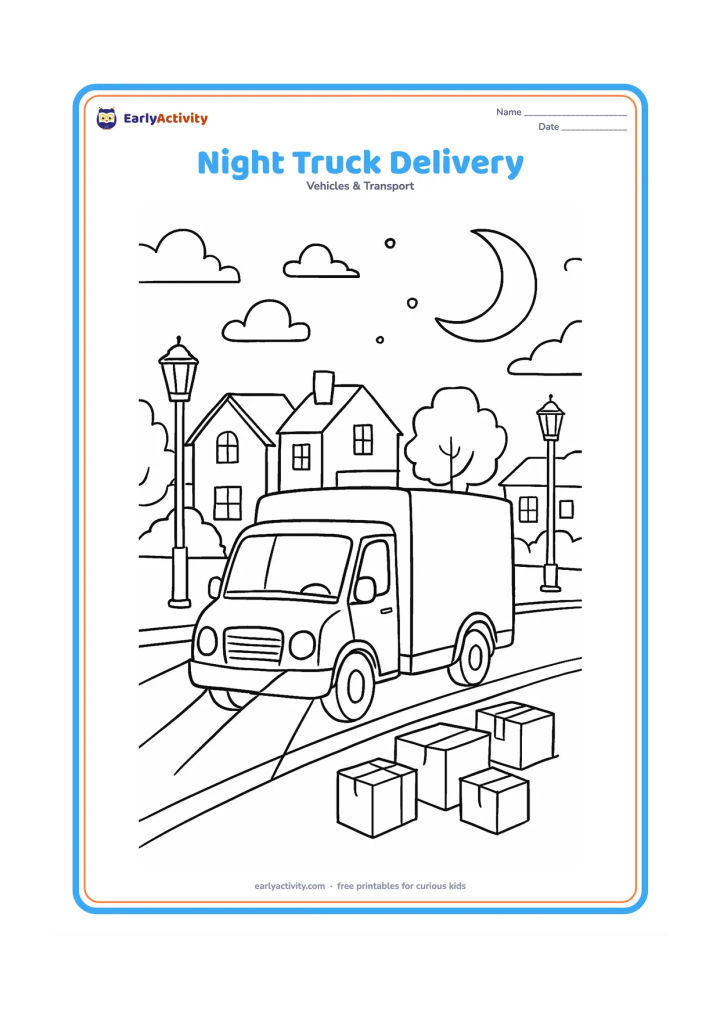 Colouring page: A delivery truck travels through a quiet town at dusk with headlights on, a crescent moon, streetlamps, houses, trees and a few parcels being unloaded. Show the light beams as open…