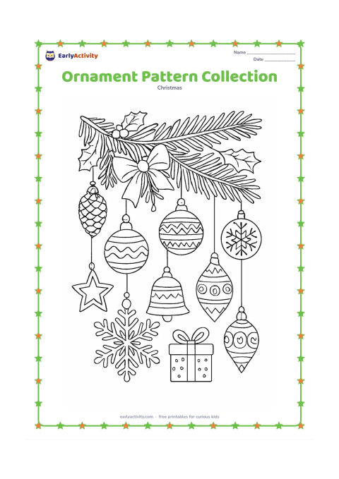 Colouring page: A large evergreen branch fills the page with many different hanging ornaments: stars, bells, baubles, snowflakes, teardrops, and a small gift-shaped ornament. Surround the branch with…