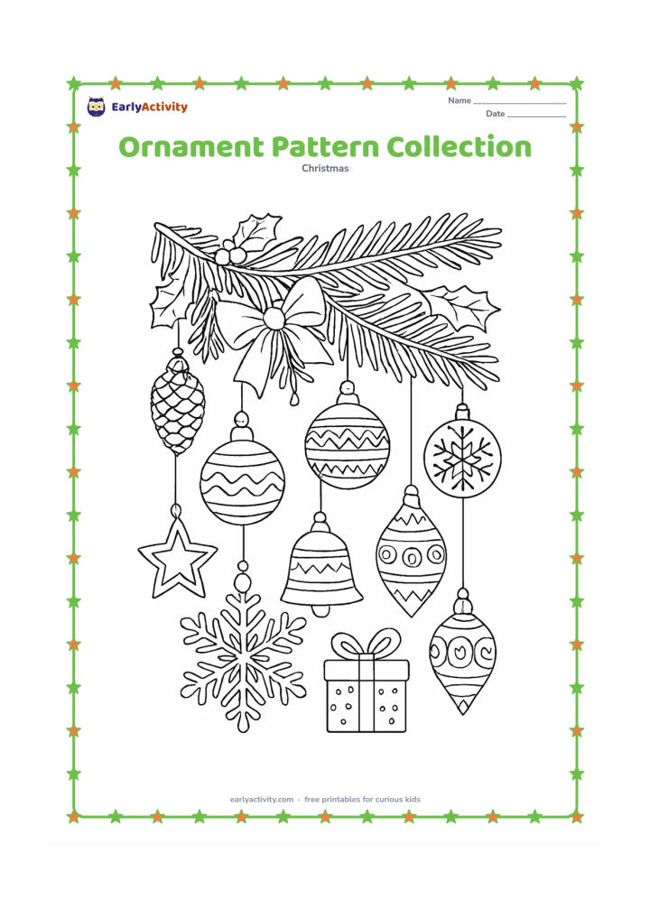 Colouring page: A large evergreen branch fills the page with many different hanging ornaments: stars, bells, baubles, snowflakes, teardrops, and a small gift-shaped ornament. Surround the branch with…
