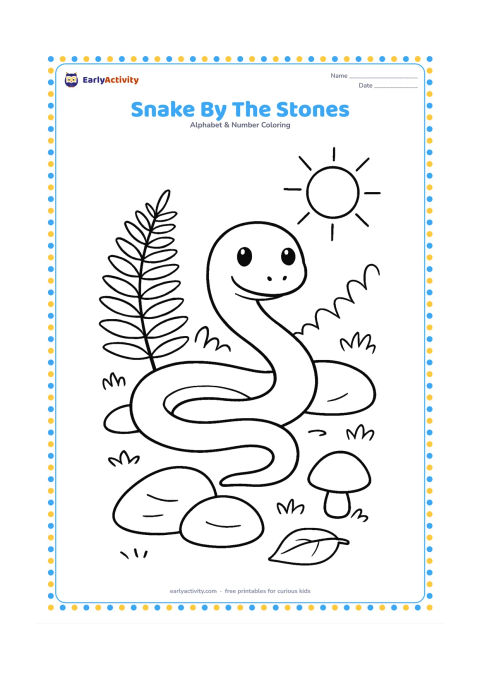 Colouring page: A harmless snake bends around three smooth stones on a sunny forest floor, with a fern, fallen leaf and a small mushroom nearby. Show the full body clearly in a broad S-shaped curve…
