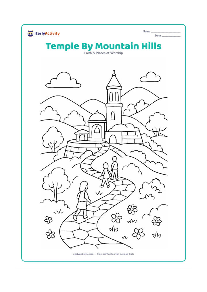 Colouring page: A hill temple reached by a winding stone path, with a tall tower, domed shrine, prayer bell, retaining walls and several visitors climbing quietly. Surround it with layered hills, trees…