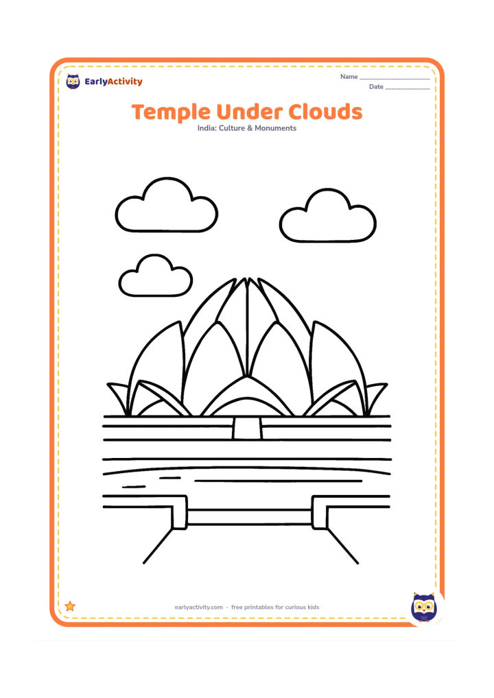 Colouring page: Draw the Lotus Temple beneath three large rounded clouds, with calm reflecting pools and a low garden wall in front. Use a wide, uncluttered landscape composition.