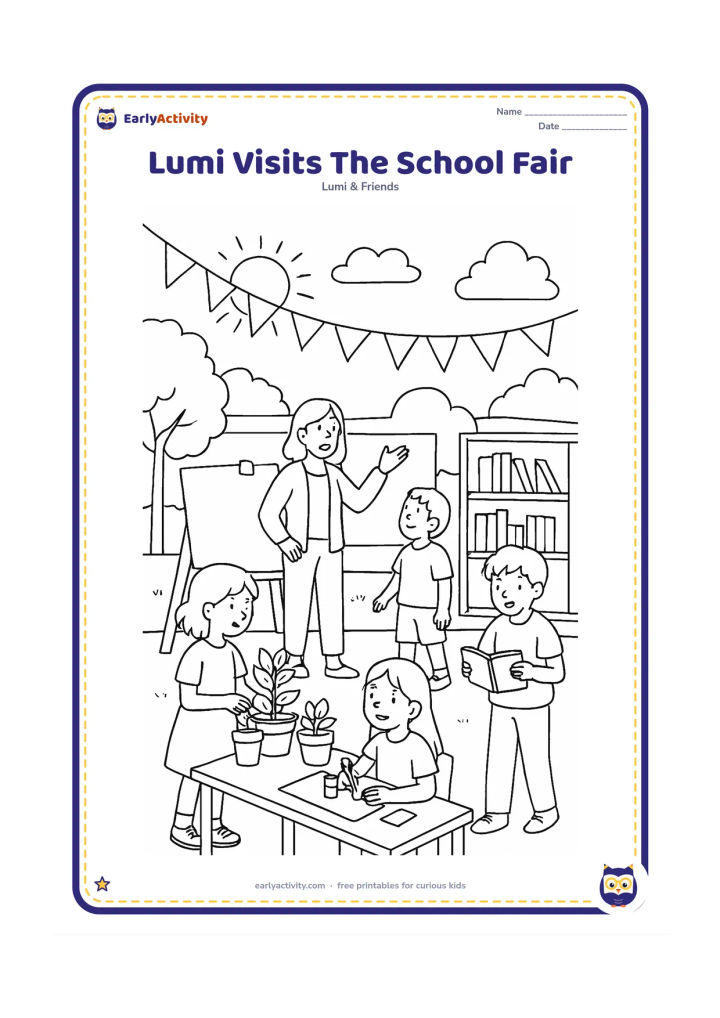 Colouring page: In a school courtyard, Lumi and classmates explore simple learning stalls with a plant display, art table and book corner while a teacher guides them. Add bunting without markings,…