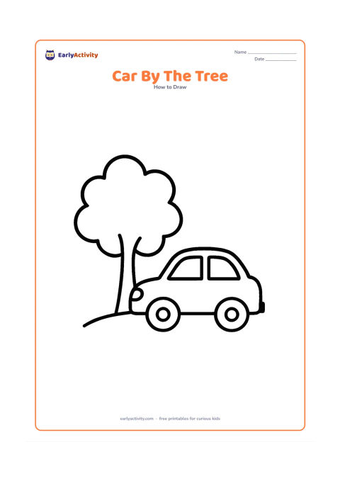Worksheet: Show a compact car parked beside one large leafy tree and a short curved ground line. Add only two wheels, two windows, headlights and a simple bumper.