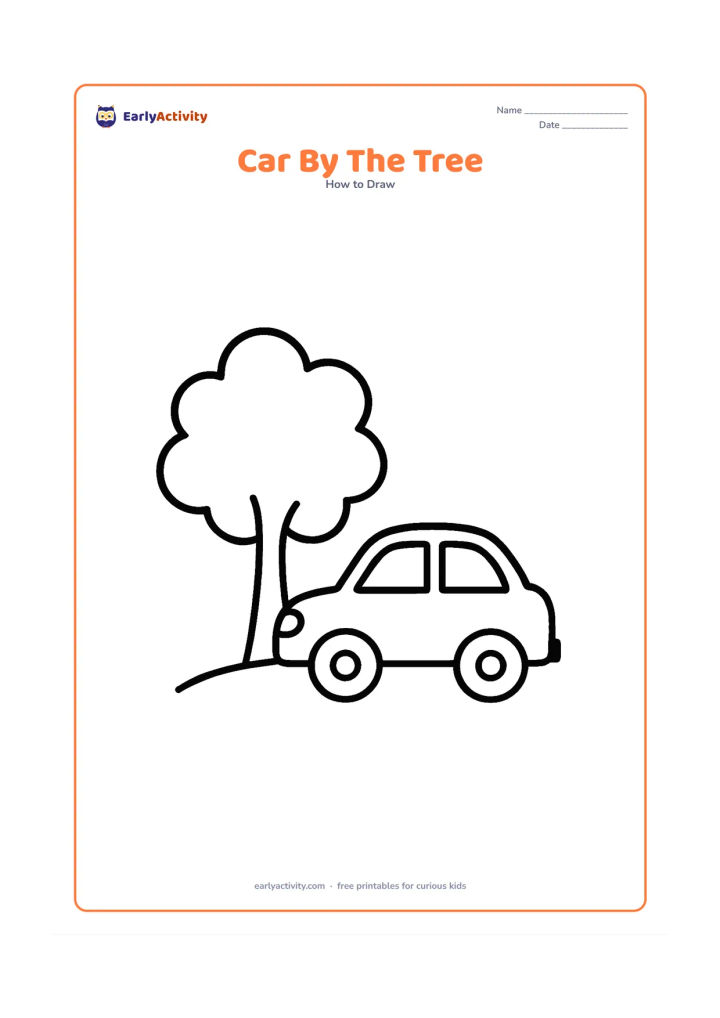 Worksheet: Show a compact car parked beside one large leafy tree and a short curved ground line. Add only two wheels, two windows, headlights and a simple bumper.