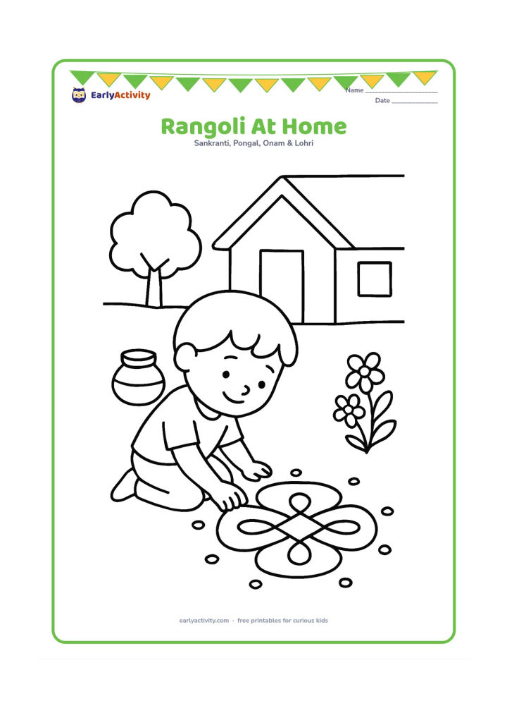 Colouring page: A child kneels outside a simple Indian home and places large dots around a basic circular kolam pattern, with a pot and flowers nearby. Show the child concentrating happily.