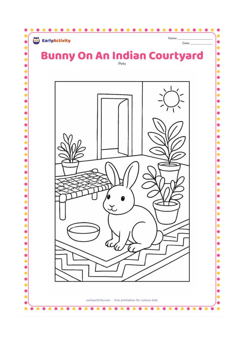 Colouring page: Draw a pet bunny sitting in a sunny Indian home courtyard beside a low woven charpai and several potted plants. Include a simple patterned floor border, a water bowl, and an open doorway…