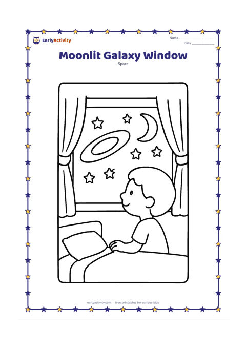 Colouring page: A child looks through a bedroom window at a large oval galaxy, a crescent moon and four bright stars. Show a simple bed, pillow and curtain around the window to suggest quiet bedtime.