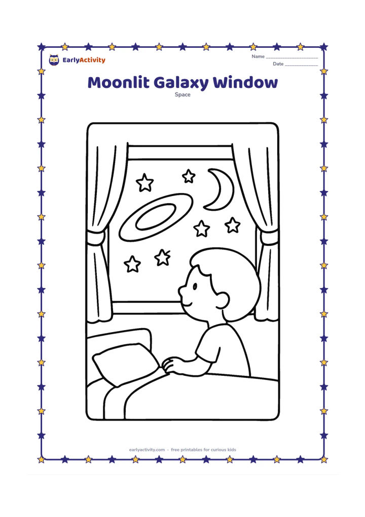 Colouring page: A child looks through a bedroom window at a large oval galaxy, a crescent moon and four bright stars. Show a simple bed, pillow and curtain around the window to suggest quiet bedtime.