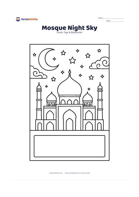 Worksheet: A detailed mosque silhouette with domes, arches, and minarets stands beneath a star-filled night sky and large crescent moon. Add patterned clouds and a spacious foreground panel for a…