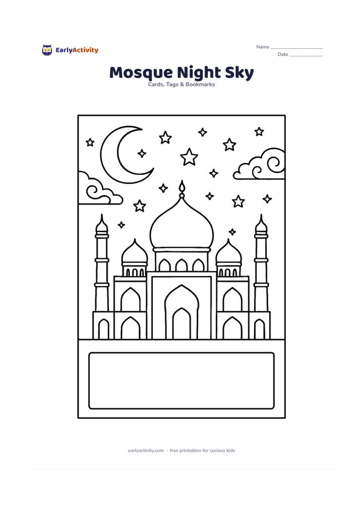 Worksheet: A detailed mosque silhouette with domes, arches, and minarets stands beneath a star-filled night sky and large crescent moon. Add patterned clouds and a spacious foreground panel for a…