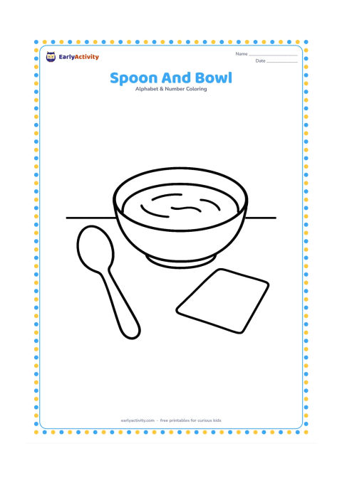 Colouring page: A large spoon lies beside a round bowl filled with a few curved soup lines on a plain table. Add one small napkin and keep the objects separate with wide, easy-to-colour shapes.
