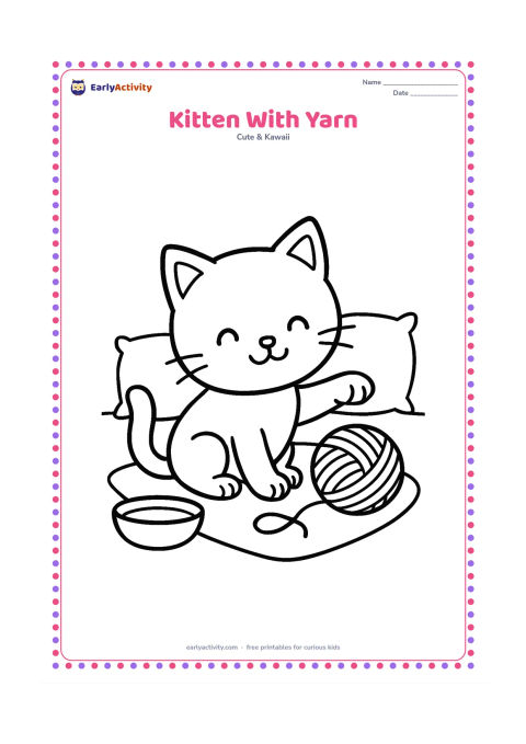 Colouring page: A cheerful kitten sits on a rug, batting a large ball of yarn with one paw. Include a bowl and two simple cushions, with the kitten centred and plenty of open space around it.