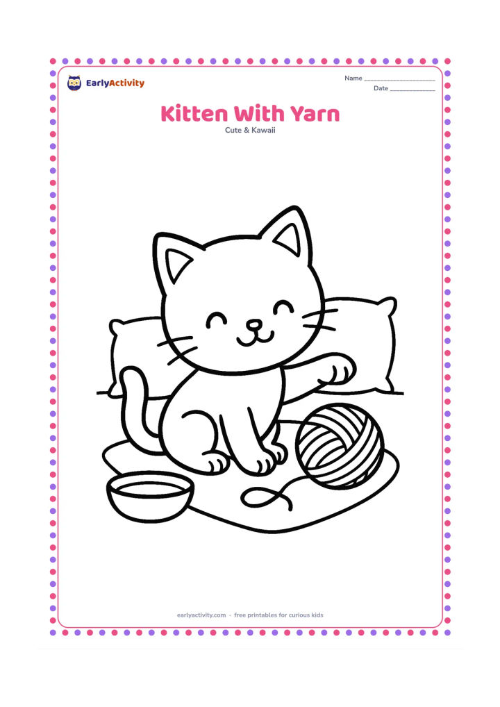 Colouring page: A cheerful kitten sits on a rug, batting a large ball of yarn with one paw. Include a bowl and two simple cushions, with the kitten centred and plenty of open space around it.