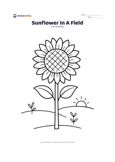 Worksheet: A tall sunflower with two rings of broad petals, a large patterned centre, a sturdy stem and two leaves. Add a low field line, two distant simple plants and a small rising sun in the…