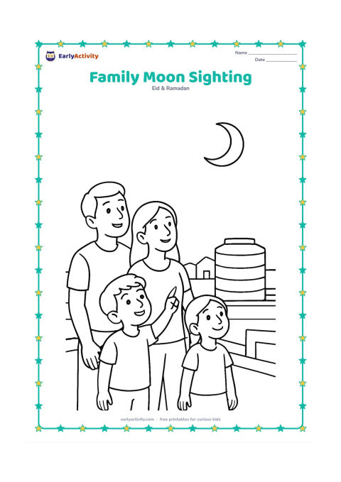 Colouring page: A family of four looks up from an Indian rooftop terrace at a crescent moon, with a low parapet, water tank and a few distant rooftops. Vary the family's poses so one child points upward.