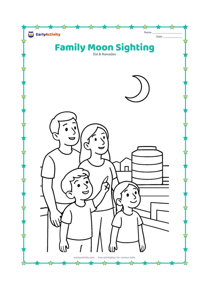 Colouring page: A family of four looks up from an Indian rooftop terrace at a crescent moon, with a low parapet, water tank and a few distant rooftops. Vary the family's poses so one child points upward.