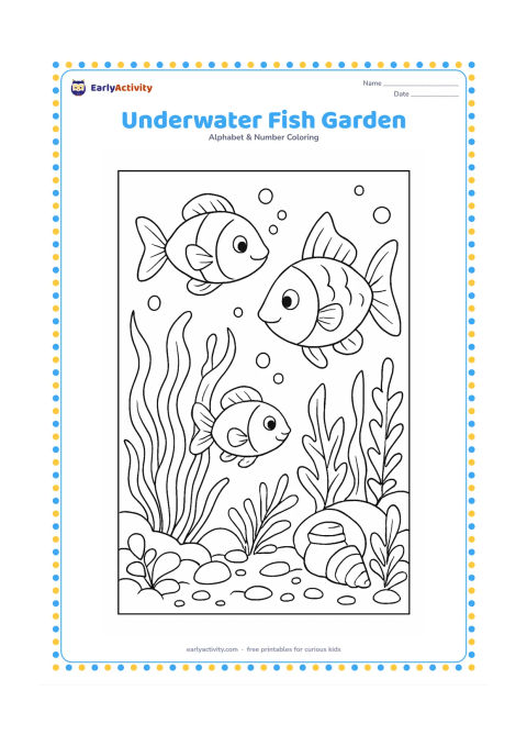 Colouring page: Draw three varied fish exploring an underwater garden with layered sea plants, bubbles, pebbles, a shell and a small sunken clay pot. Use different swimming directions and sizes.