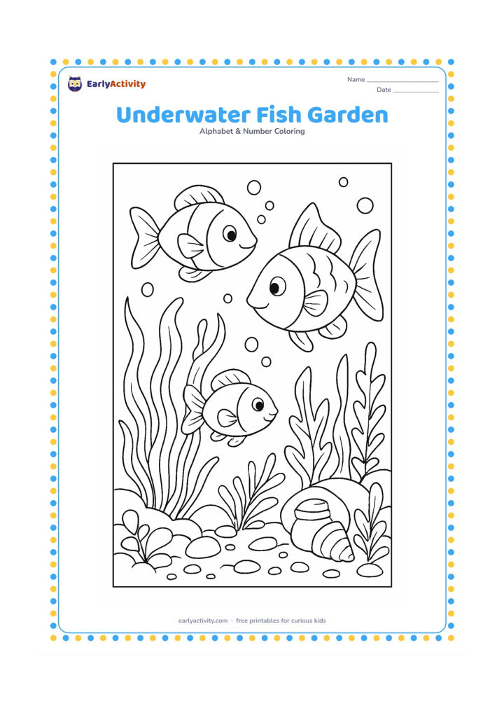 Colouring page: Draw three varied fish exploring an underwater garden with layered sea plants, bubbles, pebbles, a shell and a small sunken clay pot. Use different swimming directions and sizes.
