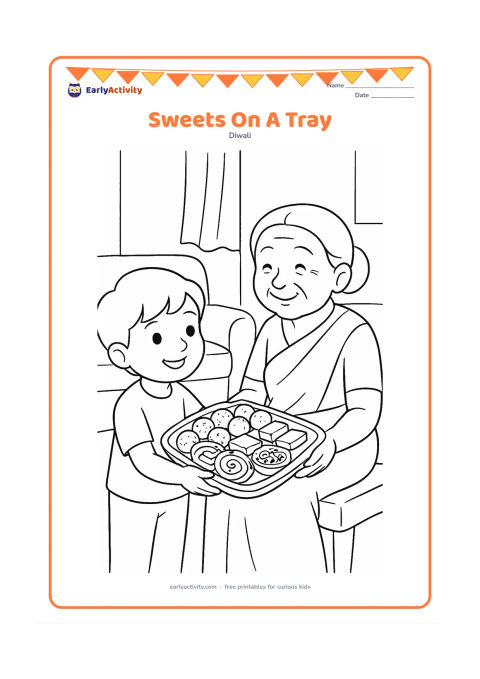 Colouring page: Draw a festive tray holding laddus, barfi pieces, jalebi spirals and a small bowl of nuts, with a child offering the tray to a smiling grandparent. Place them in a home dining area with…