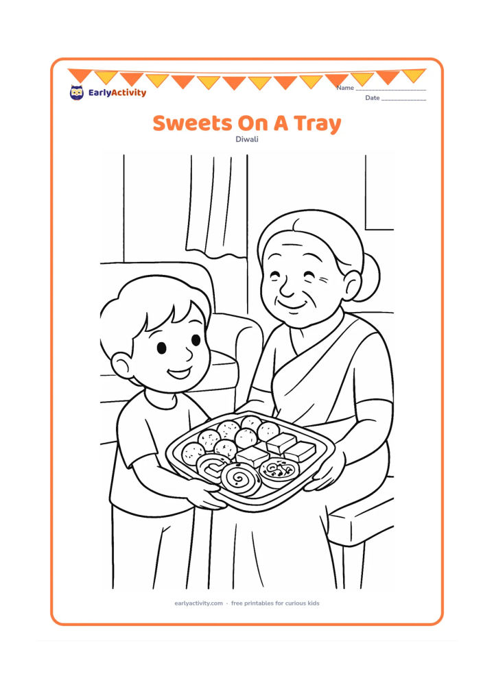 Colouring page: Draw a festive tray holding laddus, barfi pieces, jalebi spirals and a small bowl of nuts, with a child offering the tray to a smiling grandparent. Place them in a home dining area with…