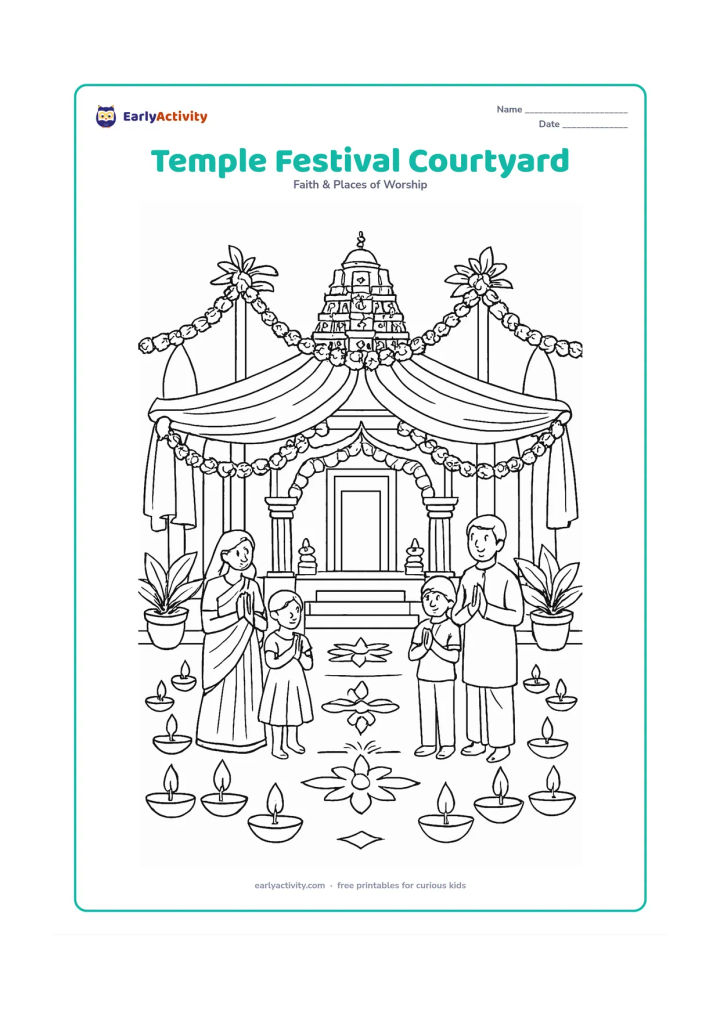 Colouring page: A temple festival scene with a decorated entrance, rows of oil lamps, flower garlands, a covered courtyard and families standing respectfully. Include an ornate tower, draped canopy,…